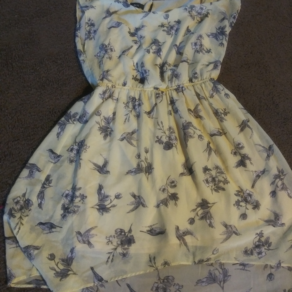 Flattering Yellow flower and bird print poly dress